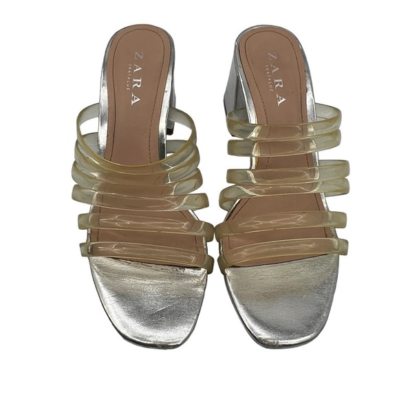 Zara Trafaluc Silver Jelly Strap Block Heel Square Toe Sandals Size 38 Women's - Picture 3 of 10